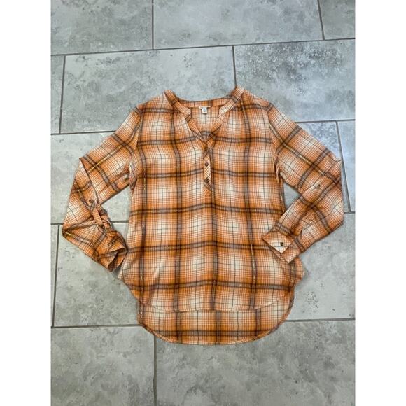 ""CATO Orange Check Plaid Long Sleeve Casual Button Down Shirt Women's SZ M"" - Picture 2 of 13